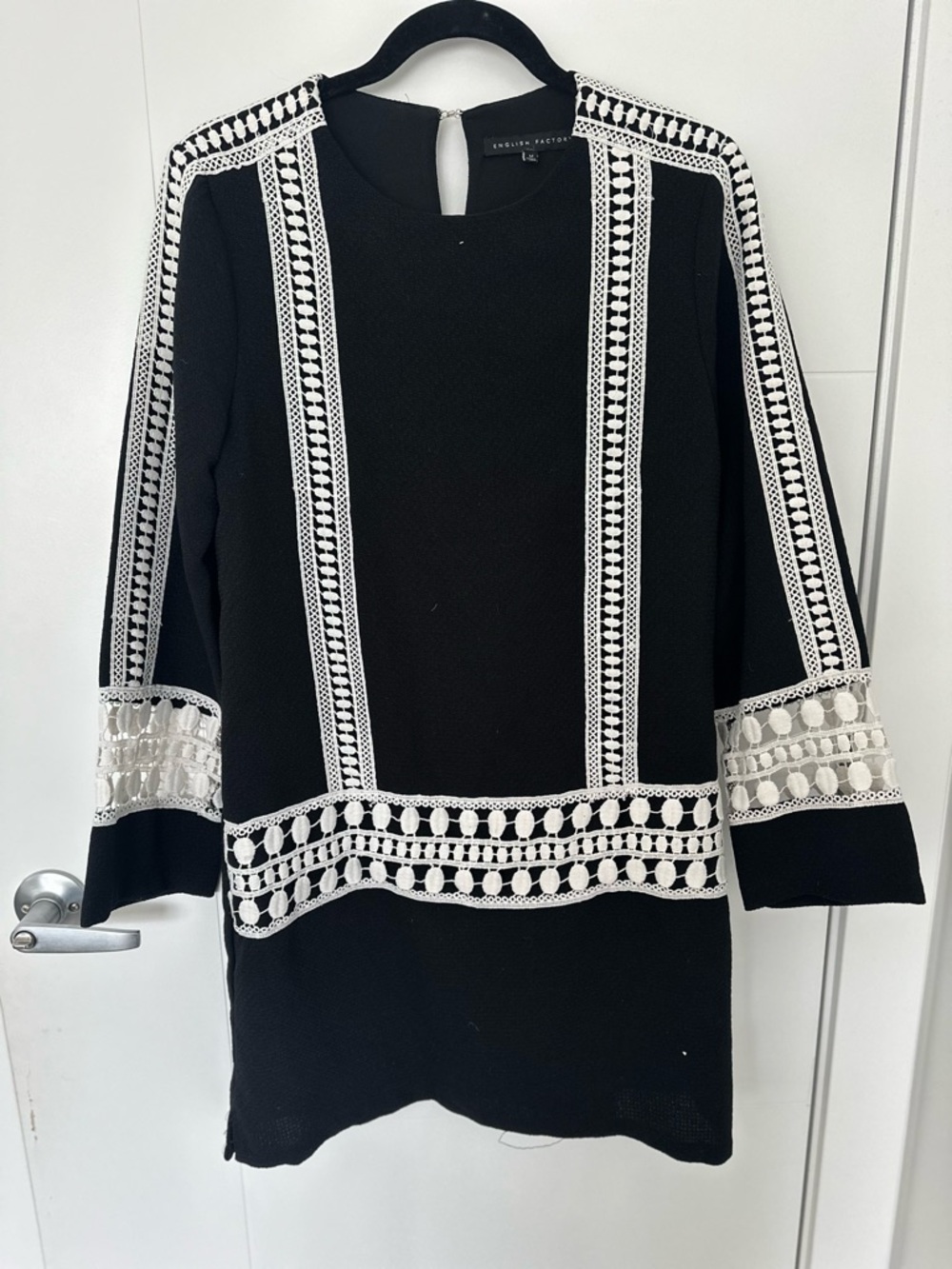 English Factory Black Shift Dress with White Crochet Panels
